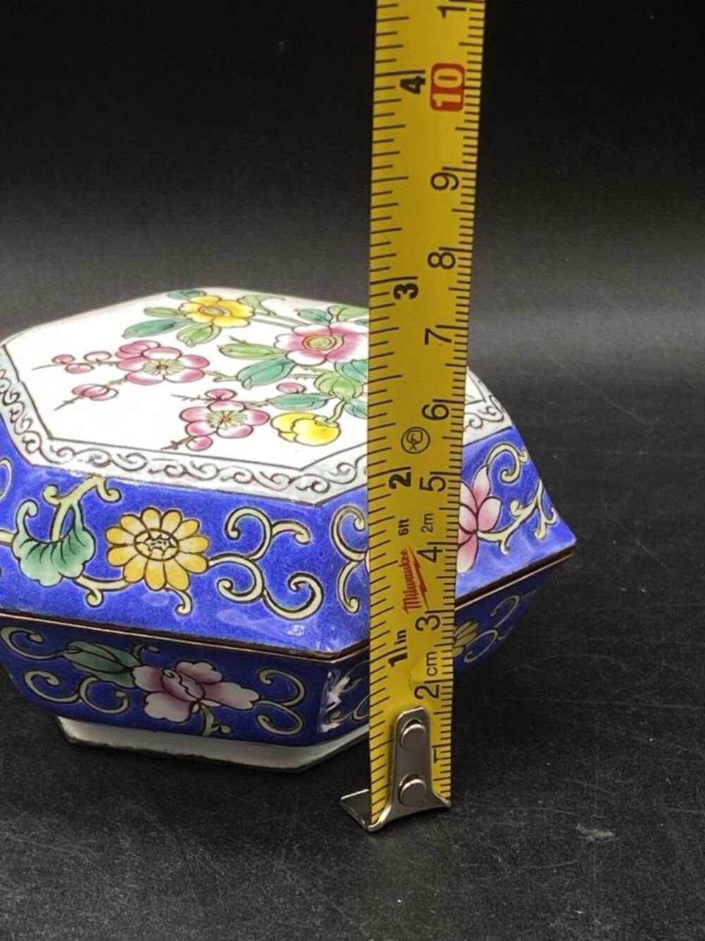 Hexagon Enamel Trinket Box Hand Painted Metal Book Designs Knobler 6 Sides READ - Picture 2 of 12